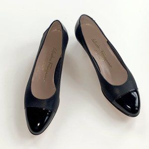 Salvatore Ferragamo “Pablo” pebbled leather, patent cap toe low heel pump 6.5C